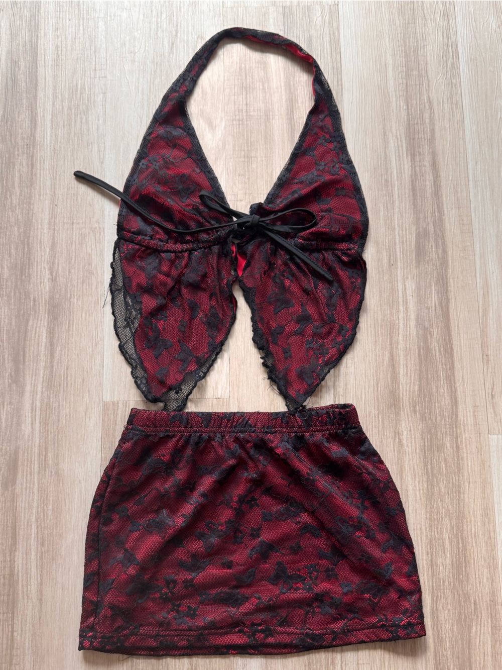 SHEIN Red and Black Lace Halter Crop Top & Mini Skirt Set